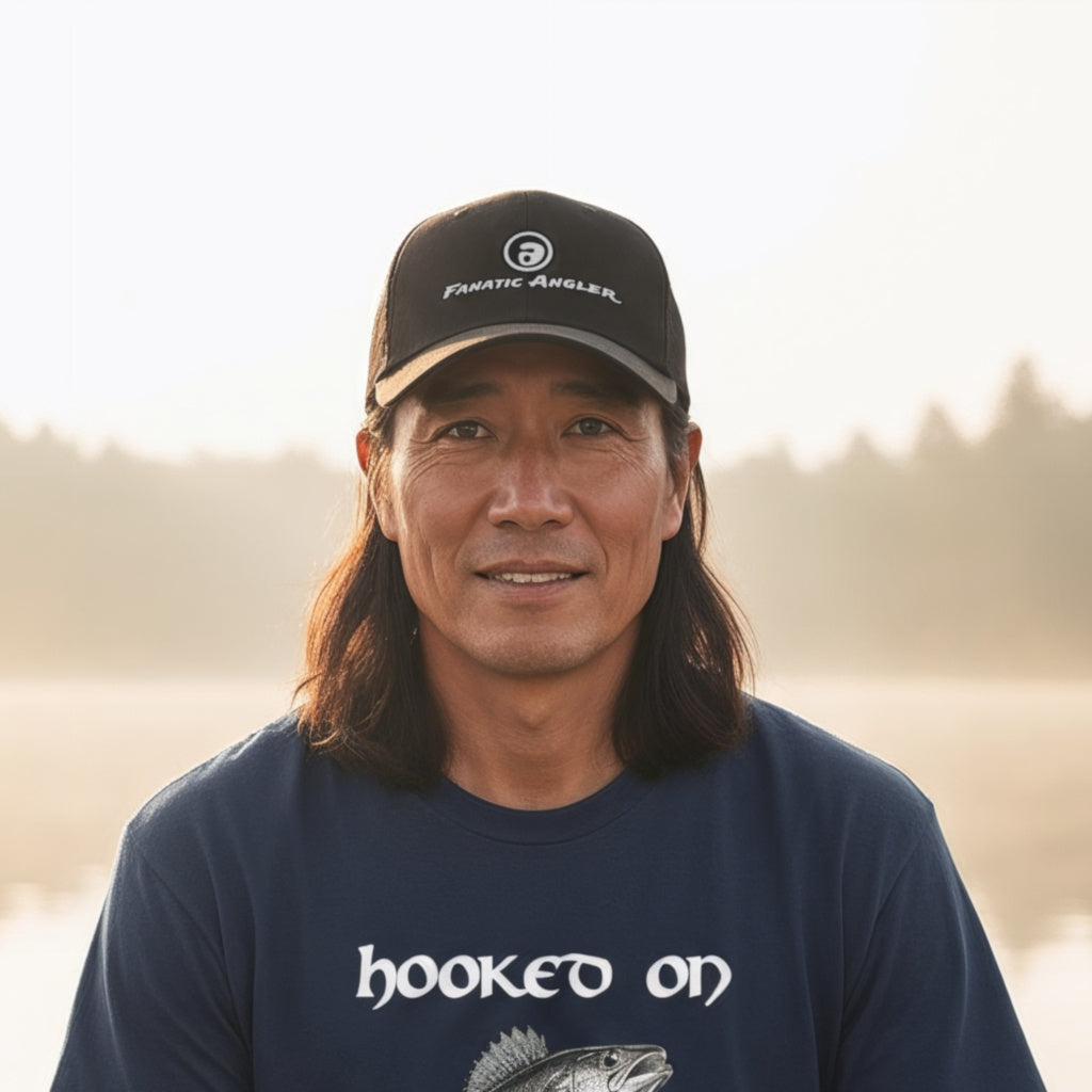 Fanatic Angler fishing cap – model Makwa wearing the premium Ridge Black Yupoong dad hat with embroidered branding