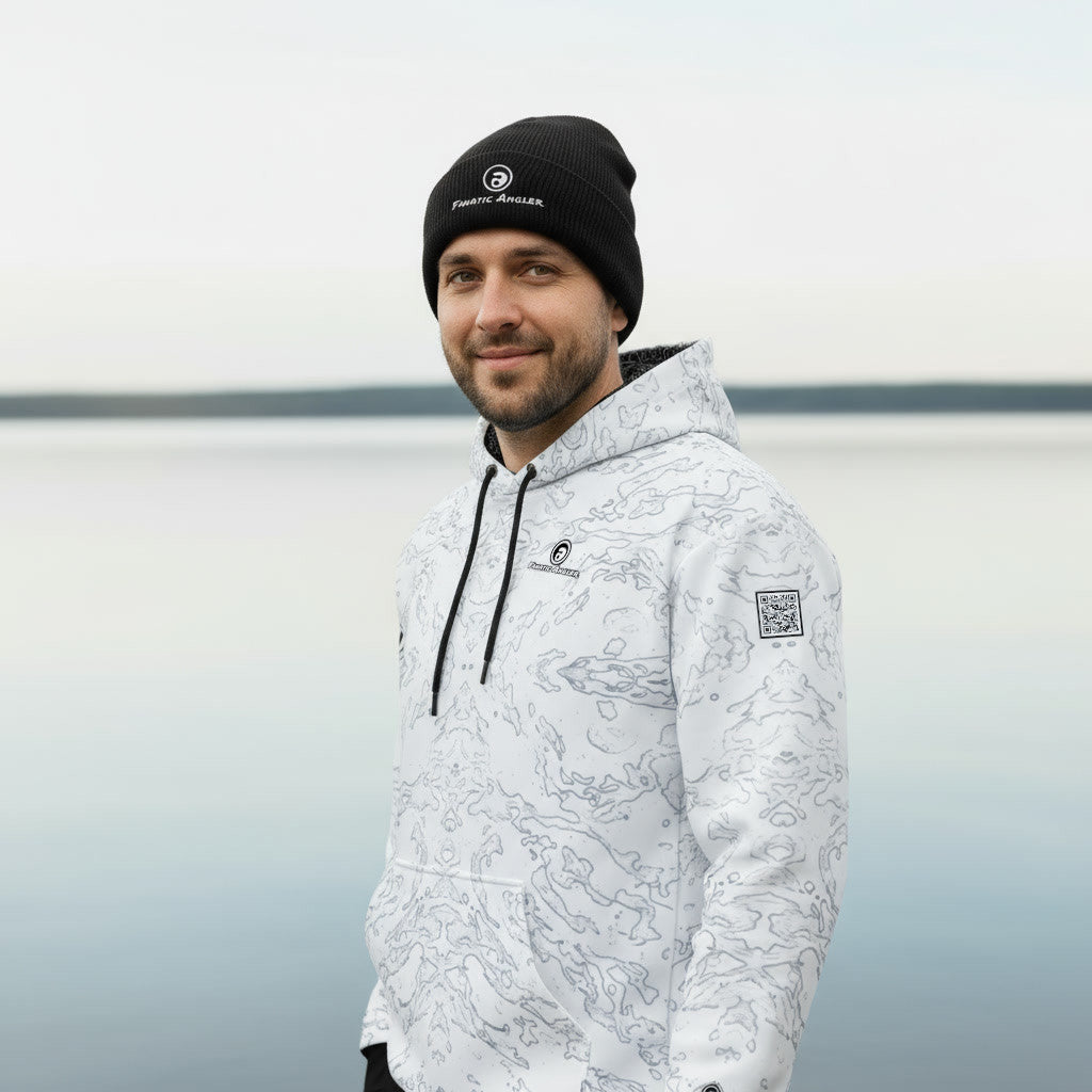 Fransisco wearing the Fanatic Angler Halcyon White Hoodie – premium fishing hoodie with branding