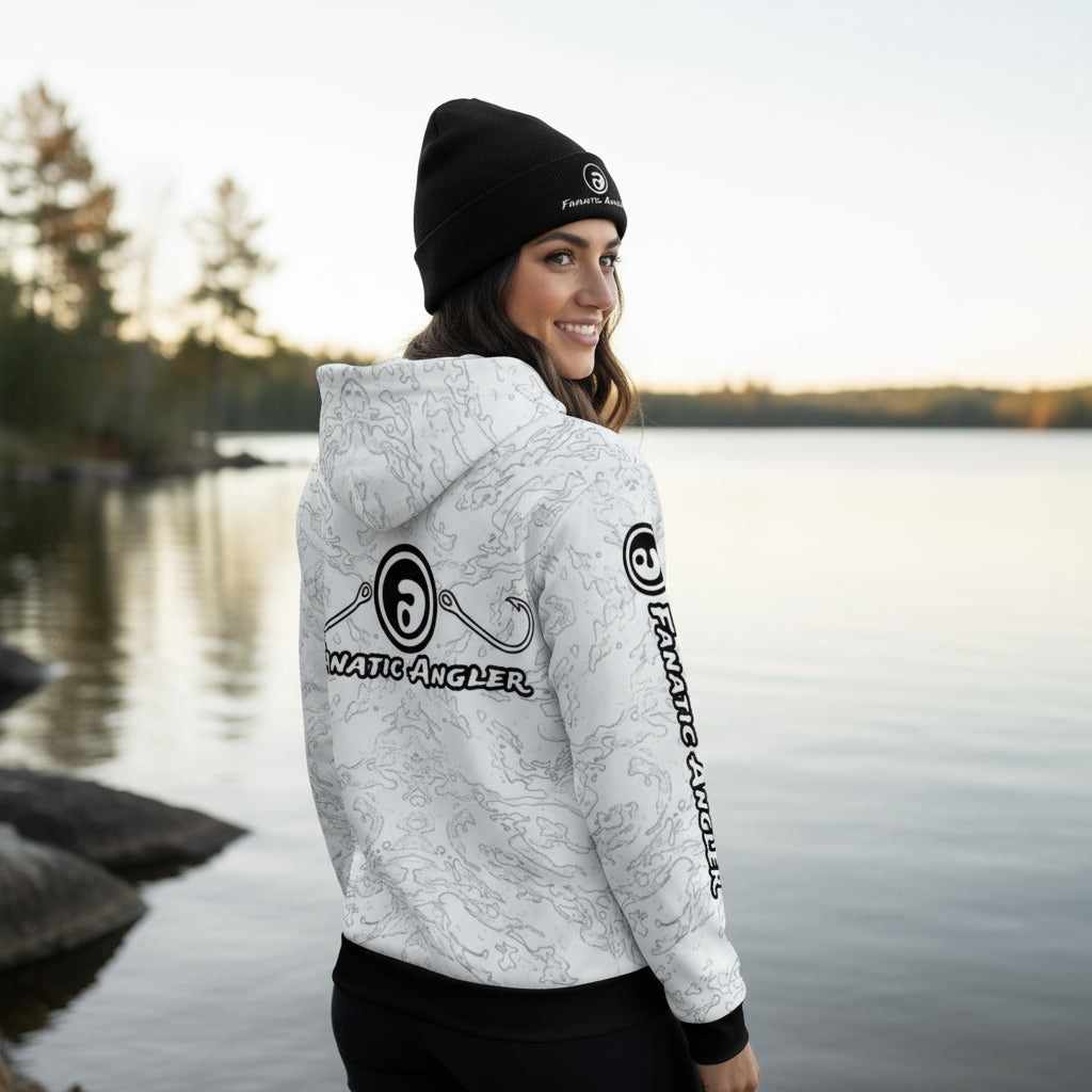 Ilani wearing the Fanatic Angler Halcyon White Hoodie – premium fishing hoodie with branding