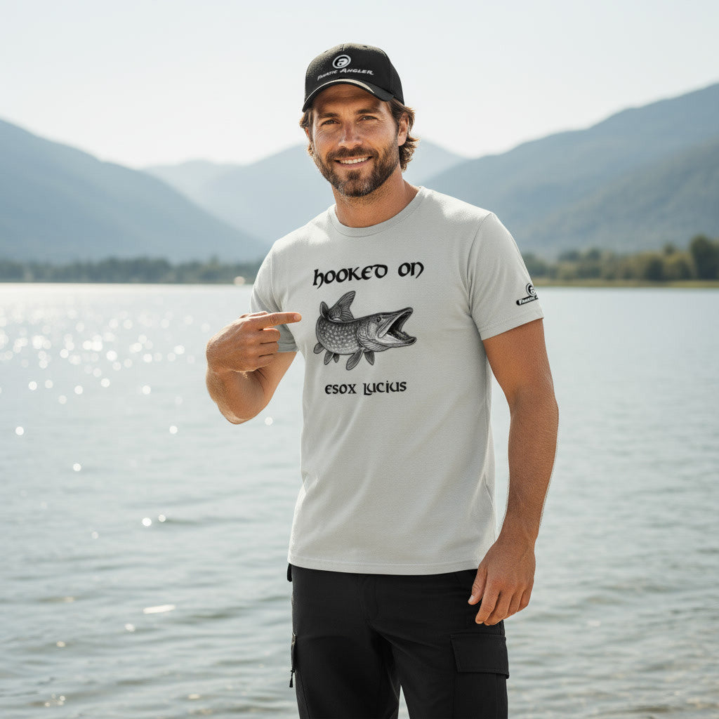 Hooked on Esox lucius (northern pike) fishing t-shirt – model Aegil wearing the premium Minnow Grey (silver) edition with branding detail