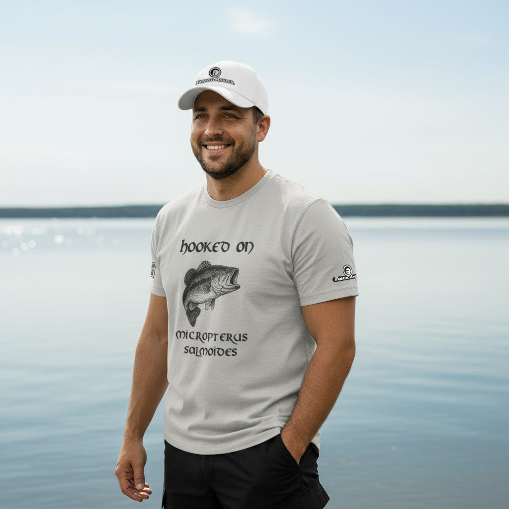 Hooked on Micropterus salmoides (largemouth bass) fishing t-shirt – model Fransisco wearing the premium Minnow Grey (silver) edition with branding detail