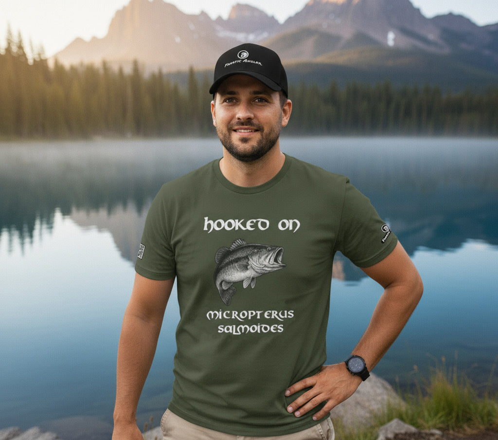 Hooked on Micropterus salmoides (largemouth bass) fishing t-shirt – model Fransisco wearing the premium Predator Green (military green) edition with branding detail