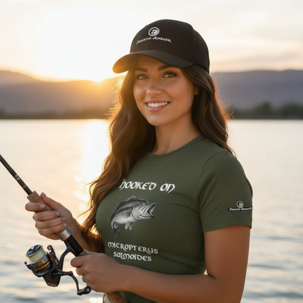 Hooked on Micropterus salmoides (largemouth bass) fishing t-shirt – model Ilani wearing the premium Predator Green (military green) edition with branding detail