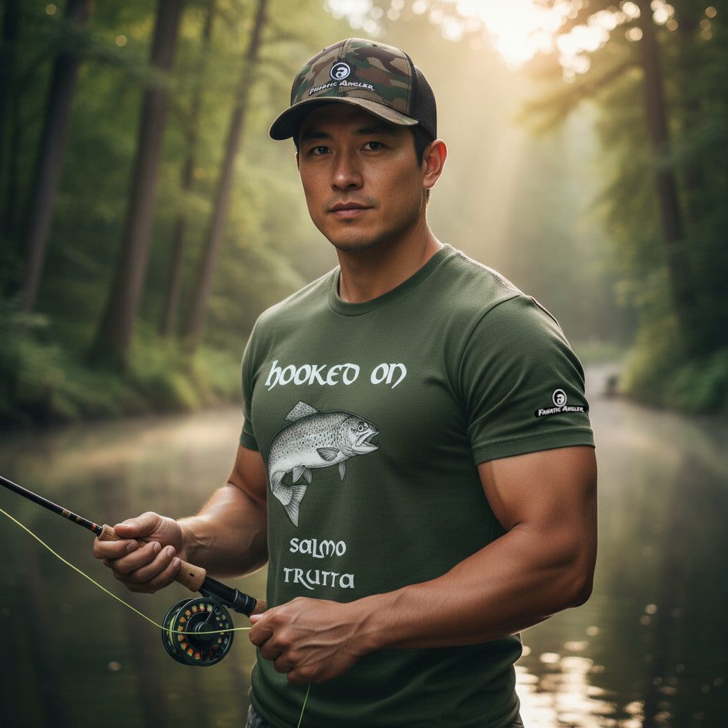 Hooked on Salmo trutta (brown trout) fishing t-shirt – model Ryo wearing the premium Predator Green (military green) edition with branding detail