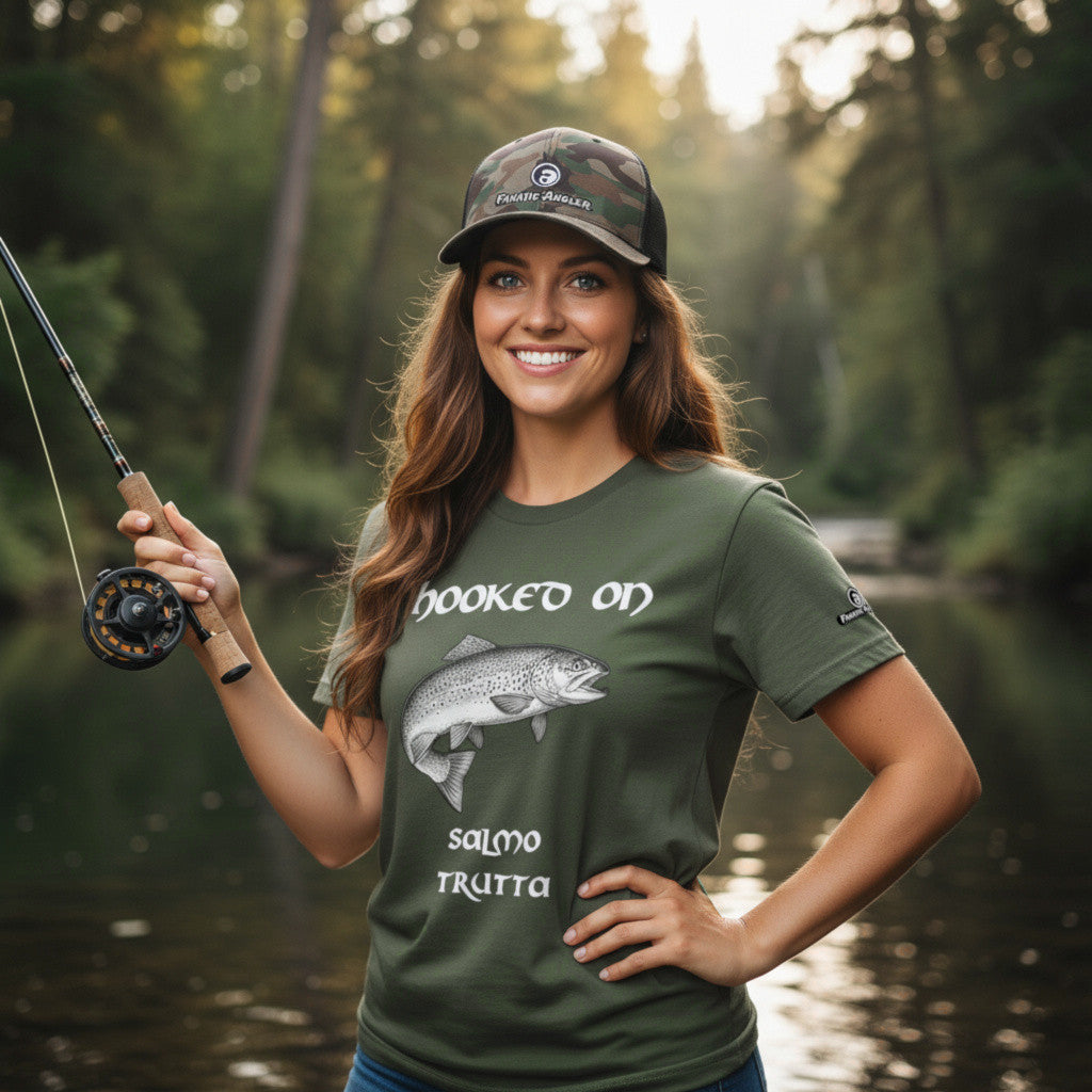 Hooked on Salmo trutta (brown trout) fishing t-shirt – model Lena wearing the premium Predator Green (military green) edition with branding detail