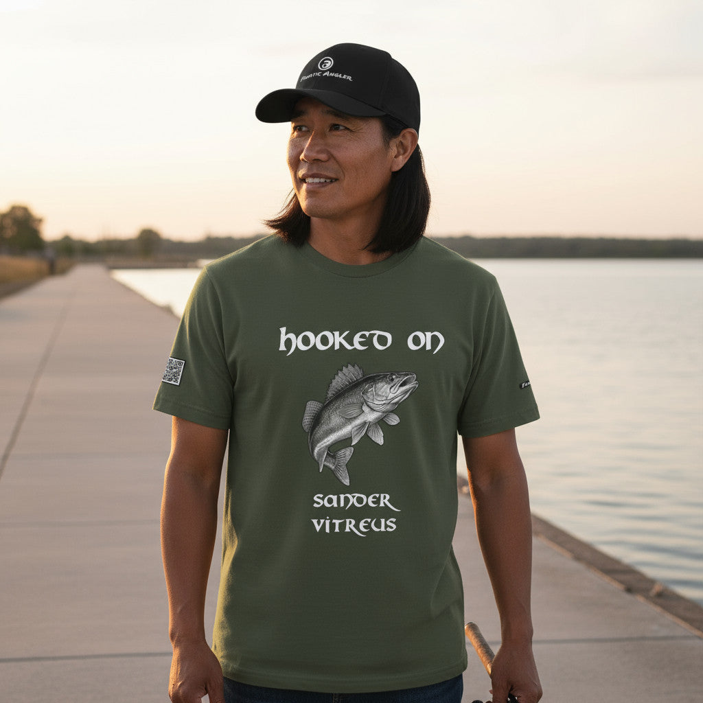 Hooked on Sander vitreus (walleye) fishing t-shirt – model Makwa wearing the premium Predator Green (military green) edition with branding detail