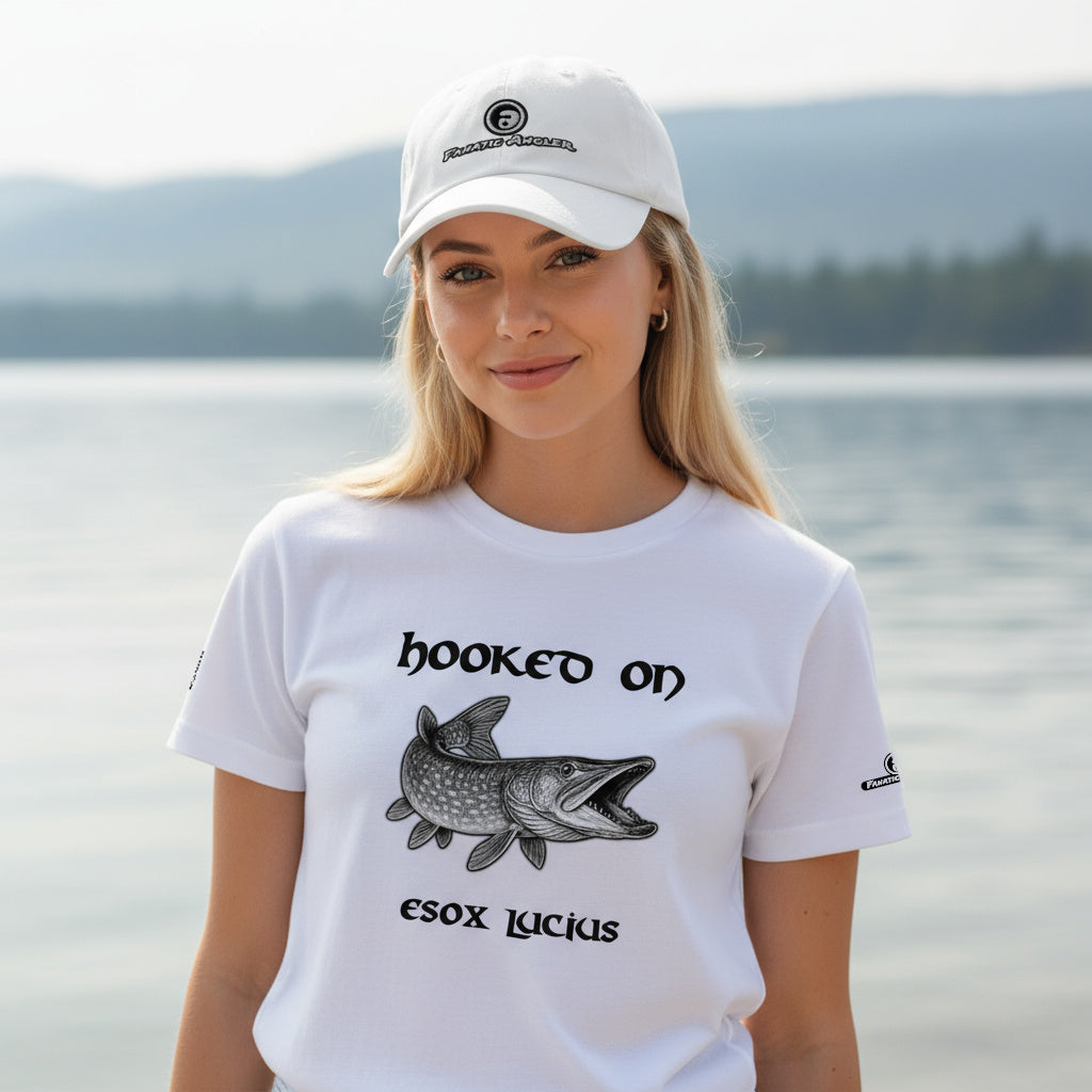 Hooked on Esox lucius (northern pike) fishing t-shirt – model Hailey wearing the premium white edition with branding detail