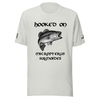 Hooked on Micropterus salmoides (largemouth bass) – Minnow Grey Tee