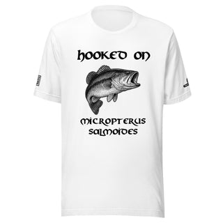 Hooked on Micropterus salmoides (largemouth bass) – White Tee